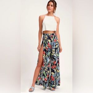 Lulus Pauma Tropical Print Wide Leg Pants Side Slit Medium
